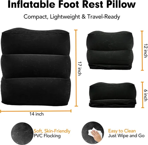 Vista 2 de Almohada inflable con reposapiés para viajes, cojín de altura ajustable para niños y adultos, almohada de viaje en avión, adecuada para trenes