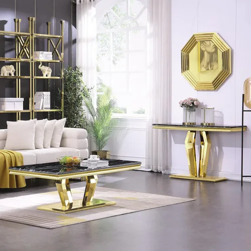 Vista 7 de ACEDCOR - Mesa consola moderna, mesa rectangular para sala de estar y entrada con base geométrica de espejo, negro dorado