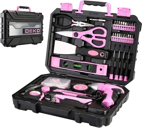 Vista 4 de DEKOPRO Juego de herramientas rosa de 98 piezas, kit de herramientas de mano para el hogar general con caja de almacenamiento de caja