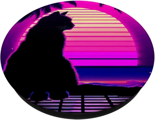 Vista 2 de Funny Retro Vaporwave Synthwave Cat PopSockets Adhesive PopGrip