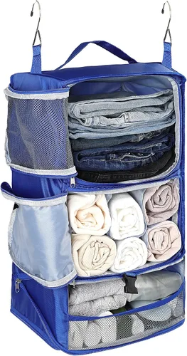 Vista 21 de ELEZAY Cubos de embalaje colgantes portátiles para armario, organizador de ropa de compresión plegable de 3 estantes para equipaje de mano, maleta