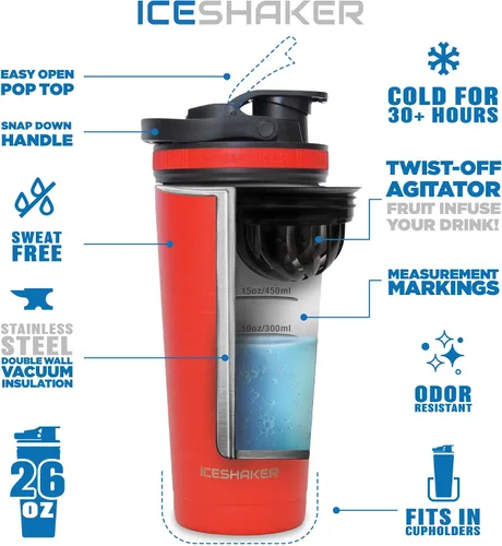 Vista 5 de Ice Shaker Botella agitadora de 26 onzas, botella de agua de acero inoxidable y mezclador de proteínas, negro + accesorio infusor de frutas