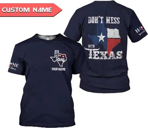 Vista 4 de HomeDesign Camiseta unisex 3D con la bandera y el mapa de Texas con nombre personalizado, para hombres y mujeres, talla S-5XL