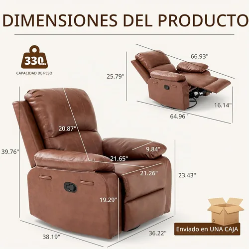Vista 2 de Silla reclinable de cuero mecedora giratoria de 360° para adultos Camello