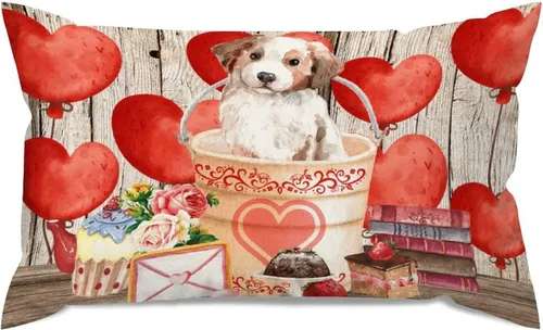 Vista 32 de Fundas de almohada lumbar con textura de madera rústica para perro en cubo, diseño de corazón rojo para el día de San Valentín, fundas de almohada