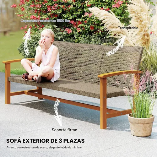 Vista 4 de Outsunny - Sofá de mimbre para exteriores, 3 asientos, 1000 libras, capacidad de teca