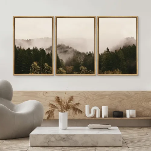 Vista 451 de SIGNWIN Lienzo enmarcado para pared, juego de arte pastel con cadena montañosa, bosque, niebla, naturaleza silvestre, ilustraciones modernas, arte