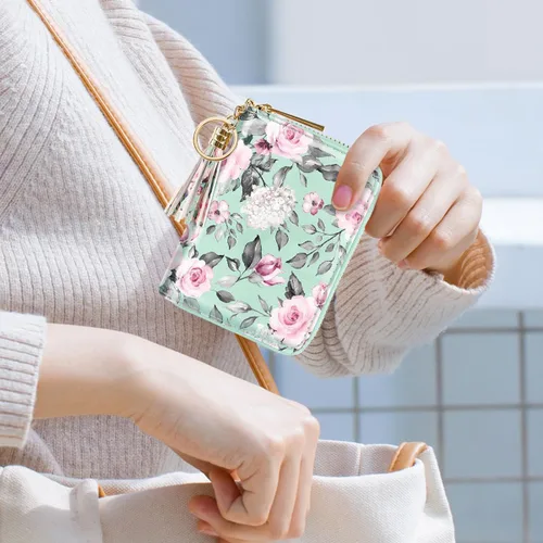 Vista 5 de Coco Rossi Billetera pequeña para tarjetas de crédito RFID con purpurina linda para mujer, C Flores verdes