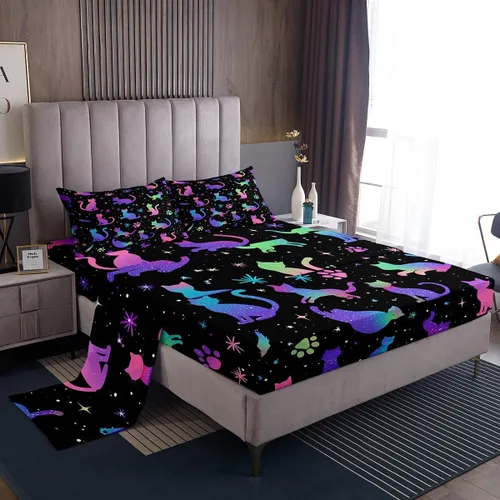 Vista 11 de Erosebridal Lindas sábanas de gato Kawaii fresa tamaño individual para niñas, diseño de arcoíris de dibujos animados, juegos de sábanas y fundas