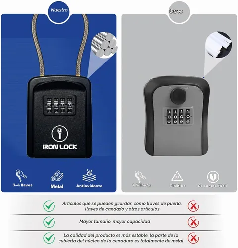 Vista 4 de Iron Lock ® - Caja de bloqueo de llaves portátil con grillete de cable extraíble para interiores y exteriores, impermeable, combinación de 4 dígitos