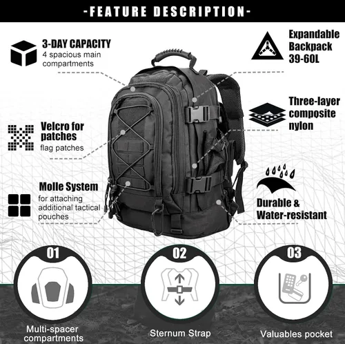 Vista 3 de Mochila táctica Miramrax para senderismo militar - Mochila Molle para hombres, paquete de asalto de 3 días, bolsa de evacuación para camping, viaje