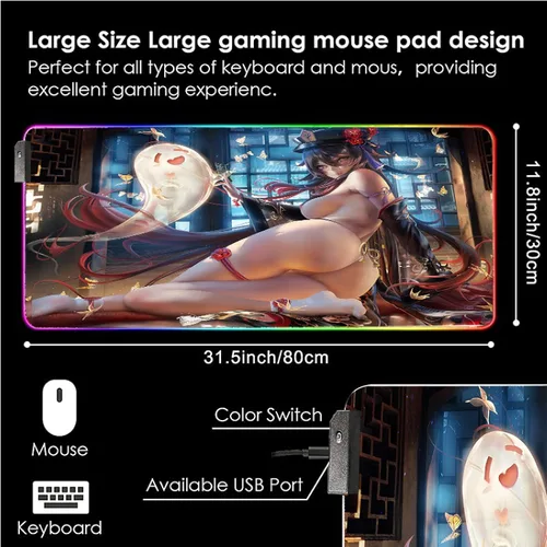 Vista 5 de Alfombrilla de mouse para juegos de anime sexy para niñas, pecho RGB, alfombrilla de mouse de anime Genshin Impact Hu Tao Gaming, grande, sexy