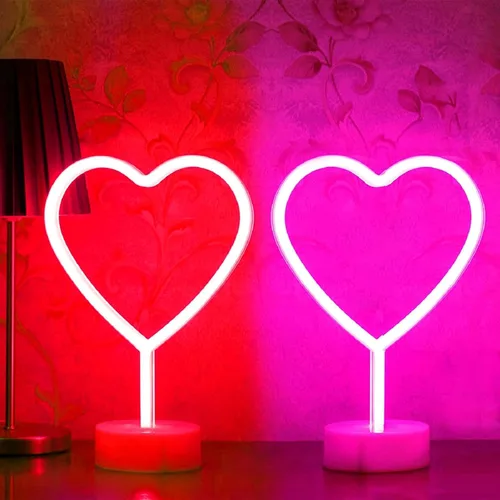 Vista 14 de BHCLIGHT Letrero de neón de corazón rosa, luz LED de neón para el día de San Valentín, funciona con pilas o USB, luces de corazón rosa de San