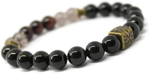 Vista 2 de Pulsera unisex para hombre y bienestar con piedras preciosas para energía positiva/fuerza/valor/con cristales naturales ónix negro, cuarzo ahumado