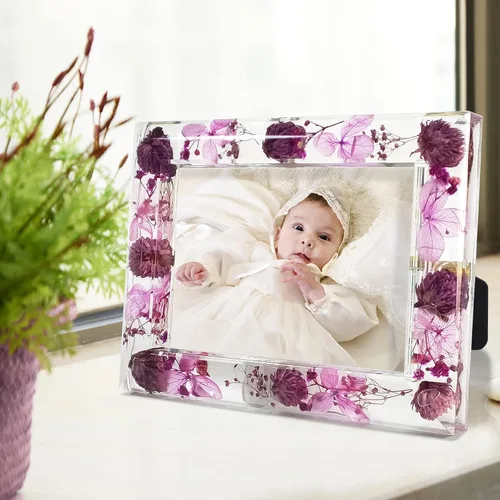 Vista 3 de FONMY Marco de fotos de 5 x 7 pulgadas, marco acrílico de flores moradas para decoración de pared y mesa, marcos de fotos únicos con flores secas