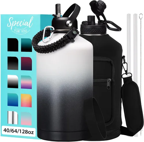 Vista 31 de Botellas de agua de 32 onzas aisladas con pajita y tapa para beber de un sorbo, asa de paracord, bolsa de transporte con correa, termo de triple