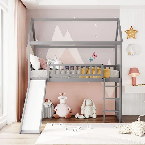 Vista 6 de Litera con tobogán y cama inferior con forma de casa, sin necesidad de somier, para adolescentes, niñas o niños, tamaño individual, color gris Merax