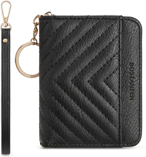 Vista 9 de BOSTANTEN Cartera de piel con bloqueo RFID para tarjetas de crédito, cartera pequeña para mujer, con cremallera, llavero y cartera con correa