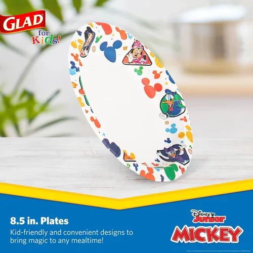 Vista 2 de Glad para Niños Platos de Papel Desechables de Disney Mickey y sus Amigos - Resistentes, A Prueba de Remojo, Aptos para Microondas, Platos