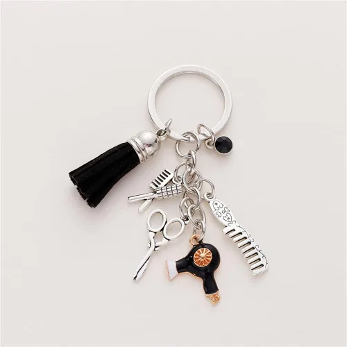 Vista 2 de Fuqimanman2020 Peine tijeras secador de pelo llavero con borla y diamante negro encanto peluquero estilista regalo joyería