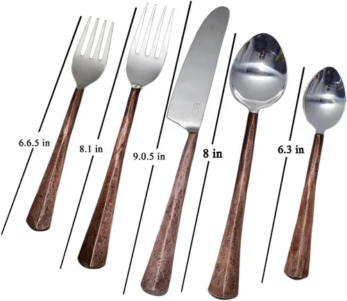 Vista 5 de Bold & Divine Ridge Copper - Juego de cubiertos de acero inoxidable de 5 piezas, incluye cuchillo, tenedor/cuchara, cubiertos de acero inoxidable