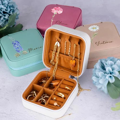 Vista 5 de Joyero de cuero personalizado con mes y nombre de flores de nacimiento coloridas, color blanco, estuche de viaje de joyería personalizado