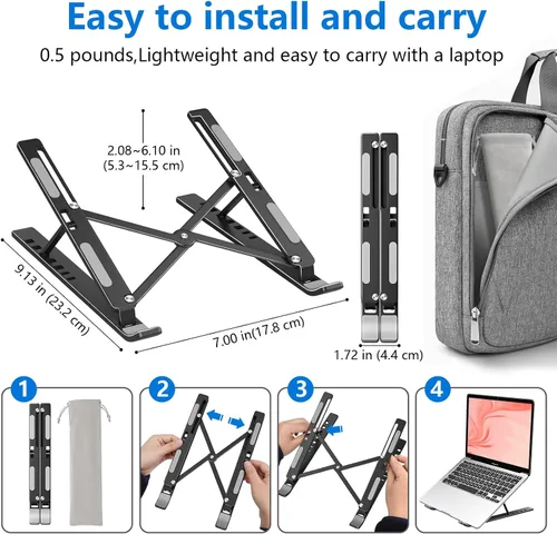 Vista 2 de Soporte para laptop de escritorio, soporte de aluminio para MacBook, elevador de computadora para escritorio, soporte portátil plegable ajustable
