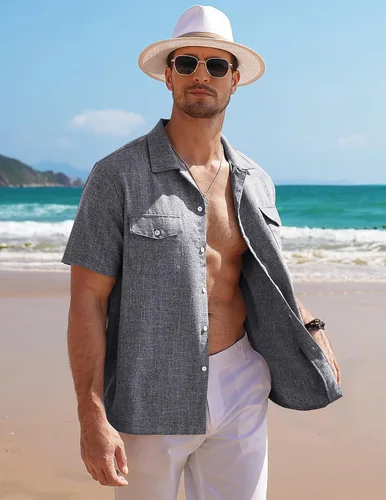 Vista 4 de COOFANDY Men's Linen Short Sleeve Button Down Shirt Casual Cuban Collar Summer Beach Shirts Vacation Essentials