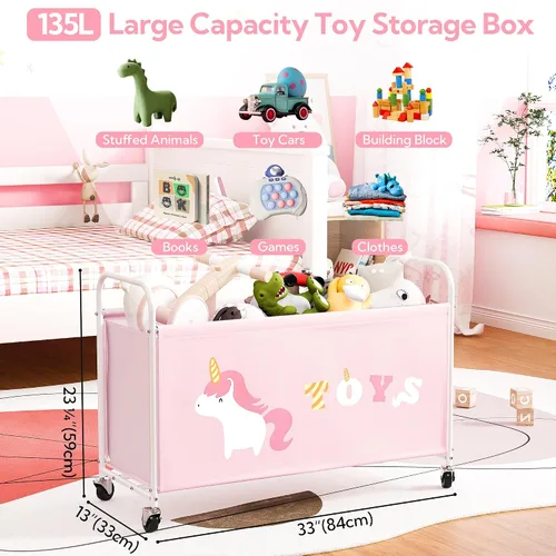 Vista 2 de GRANNY SAYS Caja de juguetes para niños y niñas, almacenamiento extra grande con ruedas, organizador de almacenamiento de juguetes de metal para Rosa
