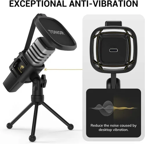 Vista 4 de TONOR - Micrófono USB para PC, Micrófono de condensador cardioide para computadora con trípode, filtro pop, soporte de choque