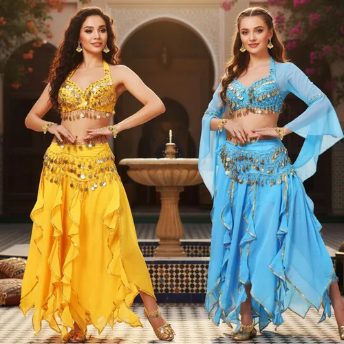 Vista 39 de Haysandy Conjunto de 8 piezas de danza del vientre para mujer, falda de danza del vientre, bufanda de cadera, 2 pulseras, aretes, pulsera de tobillo