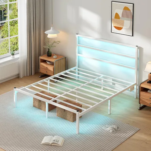 Vista 4 de CLIBFENG Marco de cama tamaño completo con cabecero, soporte de listones de acero resistente - Marco de cama LED con estación de carga USB, base