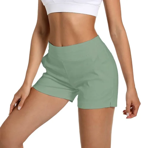 Vista 3 de JAMfit Pantalones cortos chinos para mujer, entrepierna de 4 pulgadas, cintura alta, elásticos, pantalones cortos casuales de verano con 2 bolsillos