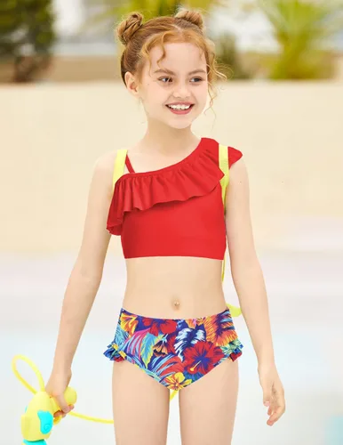 Vista 2 de Arshiner Traje de baño de dos piezas con volantes y estampado de volantes para niñas