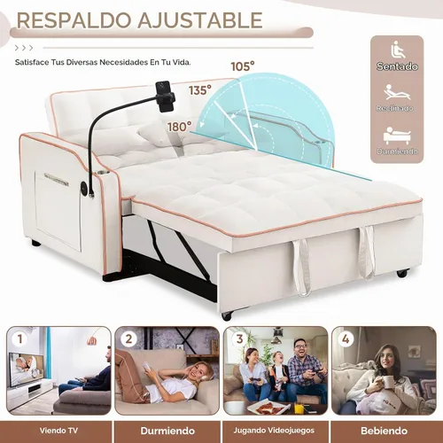 Vista 7 de Antetek Sofá cama con puerto USB y tipo C, moderno sofá biplaza convertible 3 en 1 de terciopelo extraíble con soporte para teléfono/portavasos