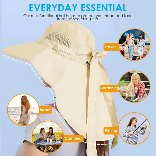 Vista 4 de Sombrero de mujer con protección UV, plegable, impermeable, de ala ancha, tipo cubo, con solapa para el cuello para verano, playa, pesca, senderismo
