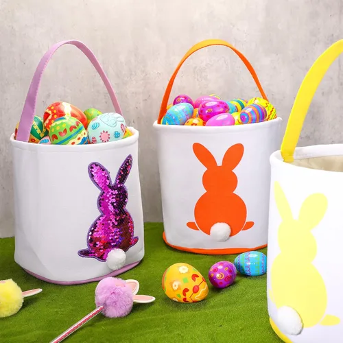 Vista 8 de Saintrygo 6 bolsas de cesta de conejo de Pascua para niños, cesta de caza de huevos de Pascua con asa, bolsas de regalo, cubo de transporte, Bright
