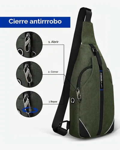 Vista 3 de WATERFLY - Mochila media bandolera con correa antirrobo para viajes, bolsa de pecho, de hombro Verde militar (mediano)