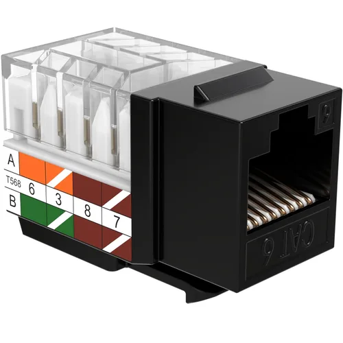 Vista 5 de SATMAXIMUM Paquete de 5 conectores de pared Ethernet Keystone Cat6 RJ45 Punch Down Slim Profile UTP Negro, 45 grados para panel de conexión y placa