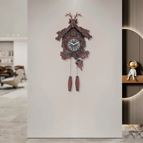 Vista 8 de TFCFL Reloj de pared de cuernos, movimiento de cuarzo silencioso, funciona con pilas, reloj de pared con péndulo y carillón de pájaro de cuco