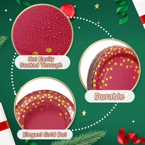 Vista 2 de Tegeme 256 piezas de suministros de fiesta de lunares burdeos y dorados, platos de papel, servilletas granate, vasos, vajilla desechable, mantel