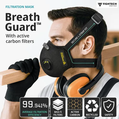 Vista 3 de FIGHTECH Máscara antipolvo – 3 tamaños – Mascarilla reutilizable con filtros de carbono y válvulas de aire para carpintería, construcción, mudanza