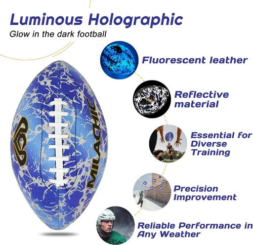 Vista 3 de Balón de fútbol que brilla en la oscuridad, balón de fútbol de cuero holográfico azul brillante para hombres y mujeres entrenamiento