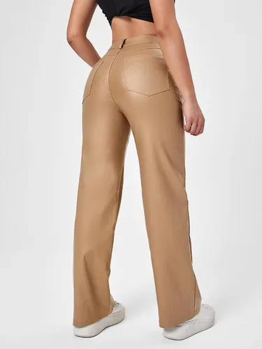 Vista 2 de MakeMeChic Pantalones de mezclilla de piel con bolsillos de cintura alta para mujer