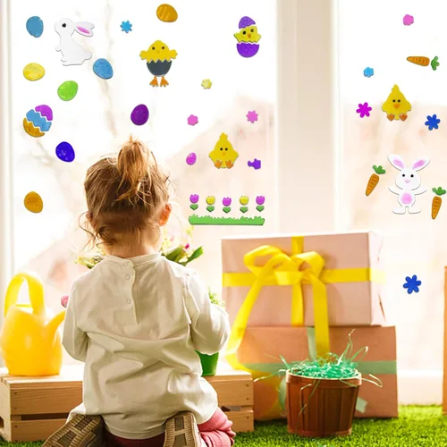 Vista 5 de 4 adhesivos de Pascua para ventanas de vidrio, adhesivos decorativos de gel de Pascua para niños, calcomanías de Pascua impresas coloridas