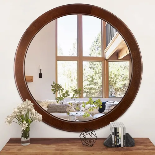 Vista 14 de Espejos redondos de 24 pulgadas, espejo rústico de pared de tocador de madera con marco de madera, espejo circular de madera para baño, dormitorio