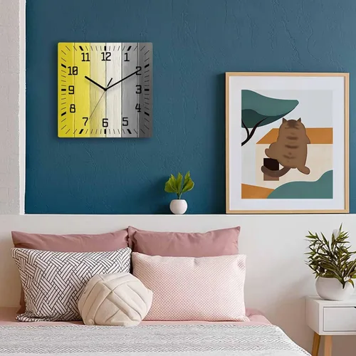 Vista 3 de Reloj de pared de madera amarillo negro blanco silencioso, sin tictac, color granja, reloj de pared cuadrado de madera degradado, funciona