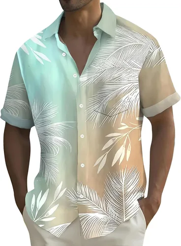 Vista 4 de Camisa hawaiana para hombre, con botones, manga corta, casual, elegante, grande y alta, floral, verano, tropical, para vacaciones