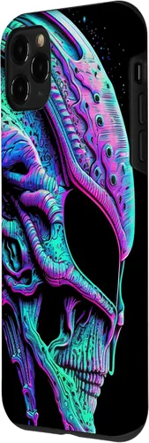 Vista 23 de iPhone 13 Pro Trippy Vaporwave Alien Head Skull Dripping Paint UFO Art Case