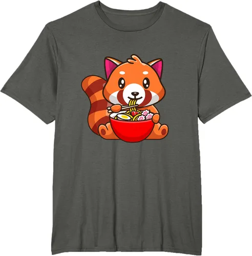 Vista 6 de Camiseta Kawaii Anime Red Panda Eating Ramen Noodles, Negro, S